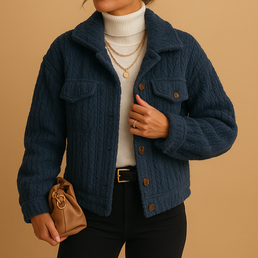 Oversized women’s jacket in neutral tones with pearl button details and flap pockets, perfect for stylish layering in cool seasons