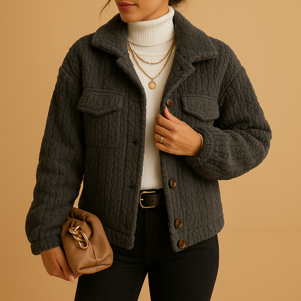 Oversized women’s jacket in neutral tones with pearl button details and flap pockets, perfect for stylish layering in cool seasons