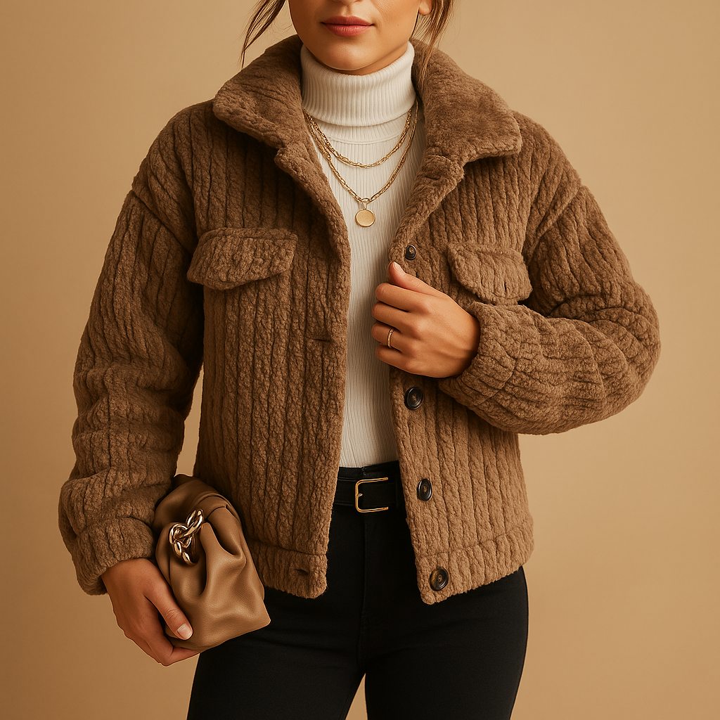 Oversized women’s jacket in neutral tones with pearl button details and flap pockets, perfect for stylish layering in cool seasons