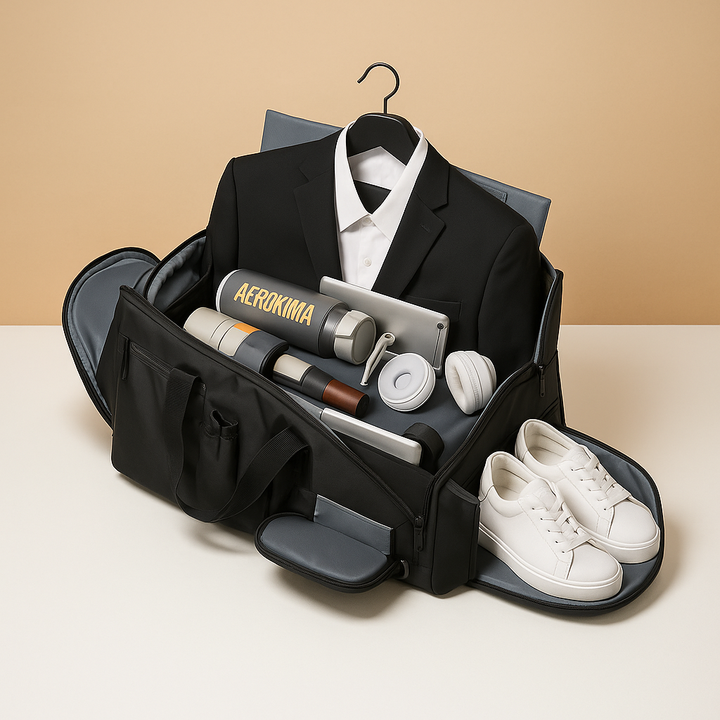 Men’s oxford garment duffle bag with built-in suit holder, shoe compartment, and convertible straps, ideal for business or travel.