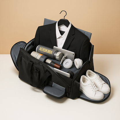 Men’s oxford garment duffle bag with built-in suit holder, shoe compartment, and convertible straps, ideal for business or travel.