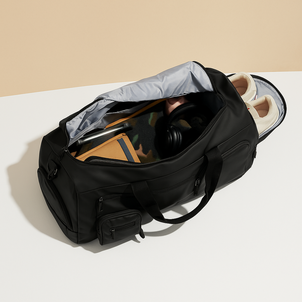 Men’s oxford garment duffle bag with built-in suit holder, shoe compartment, and convertible straps, ideal for business or travel.