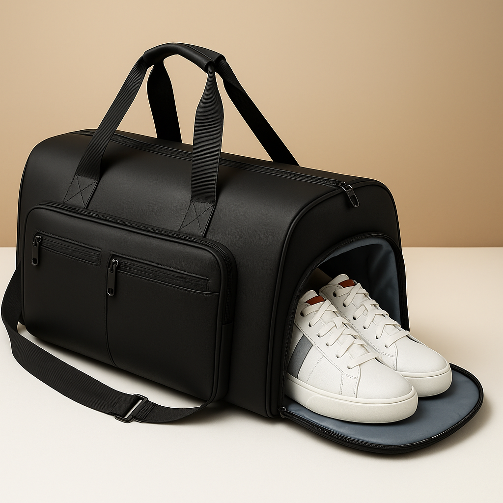 Men’s oxford garment duffle bag with built-in suit holder, shoe compartment, and convertible straps, ideal for business or travel.