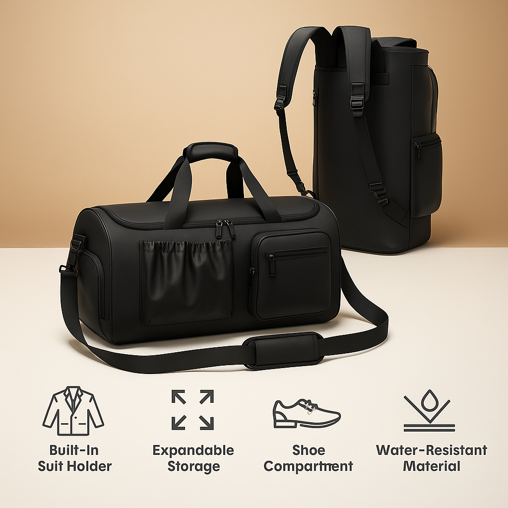 Men’s oxford garment duffle bag with built-in suit holder, shoe compartment, and convertible straps, ideal for business or travel.