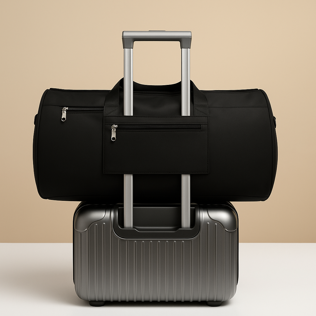 Men’s oxford garment duffle bag with built-in suit holder, shoe compartment, and convertible straps, ideal for business or travel.