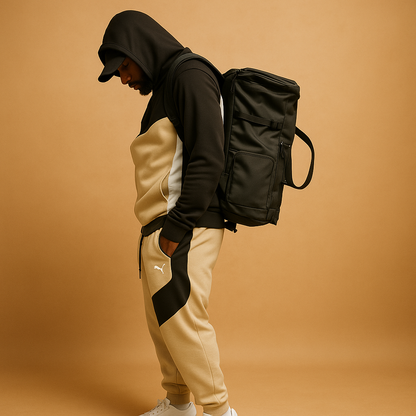 Men’s oxford garment duffle bag with built-in suit holder, shoe compartment, and convertible straps, ideal for business or travel.