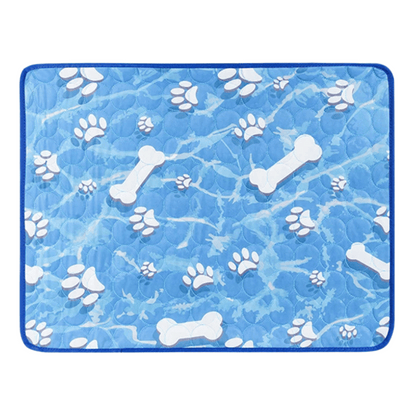 "Pale blue pet cooling mat on beige sofa provides comfort for dogs and cats during summer, featuring self-cooling ice silk fa