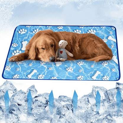 "Pale blue pet cooling mat on beige sofa provides comfort for dogs and cats during summer, featuring self-cooling ice silk fa