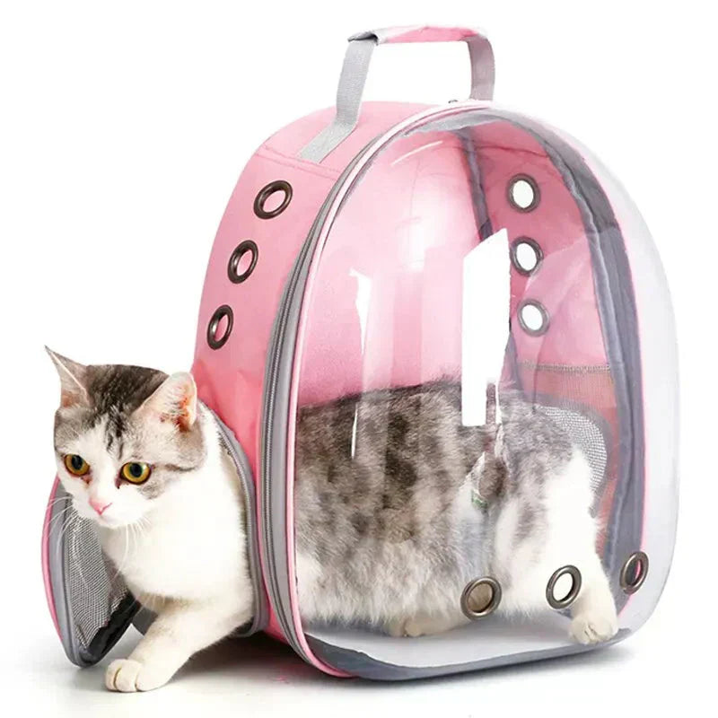 "Pet carrier with 360° view, transparent front, mesh windows, ergonomic straps; gray, green, pink, black options."