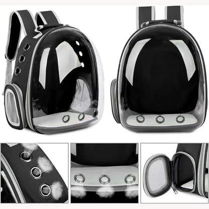 "Pet carrier with 360° view, transparent front, mesh windows, ergonomic straps; gray, green, pink, black options."