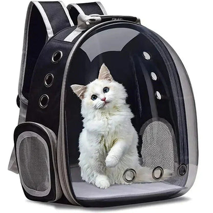 "Pet carrier with 360° view, transparent front, mesh windows, ergonomic straps; gray, green, pink, black options."