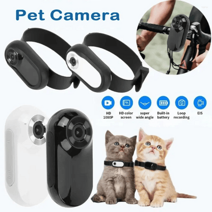 "Pet collar camera with 160° wide-angle lens and HD 1080P video, designed for cats and dogs, fits comfortably on collars."