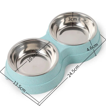"Pet DualFeast Bowls for Food and Water, non-slip, double design, vibrant colors, durable, skid-resistant base for pets."