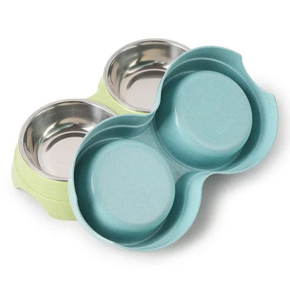 "Pet DualFeast Bowls for Food and Water, non-slip, double design, vibrant colors, durable, skid-resistant base for pets."