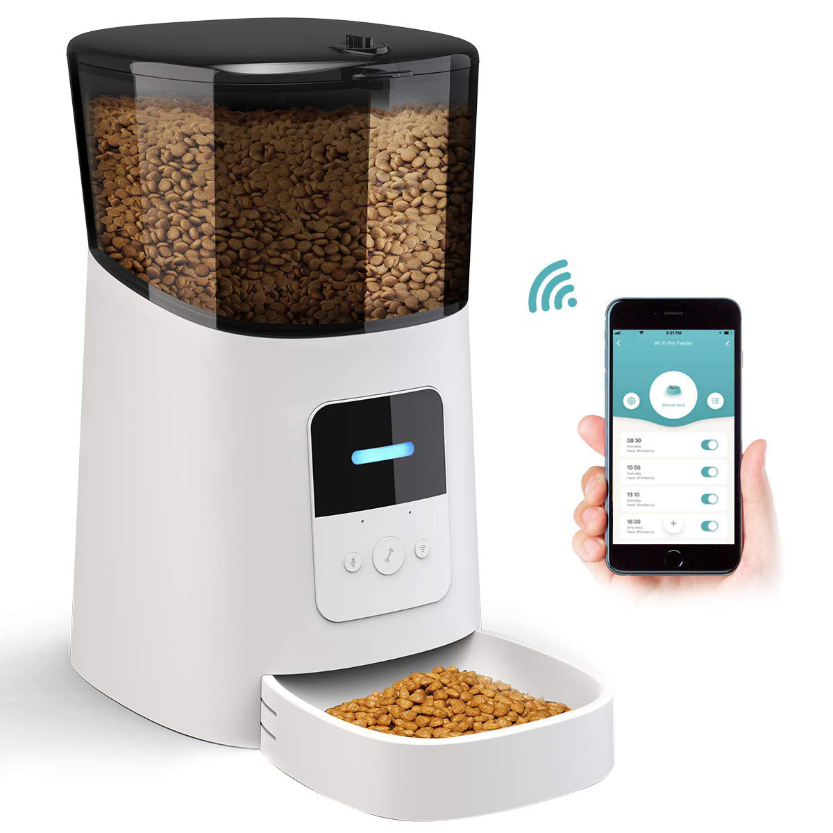 "Pet feeding station with smart features, front view. Automatic meal scheduling and portion control for consistent pet nutrit