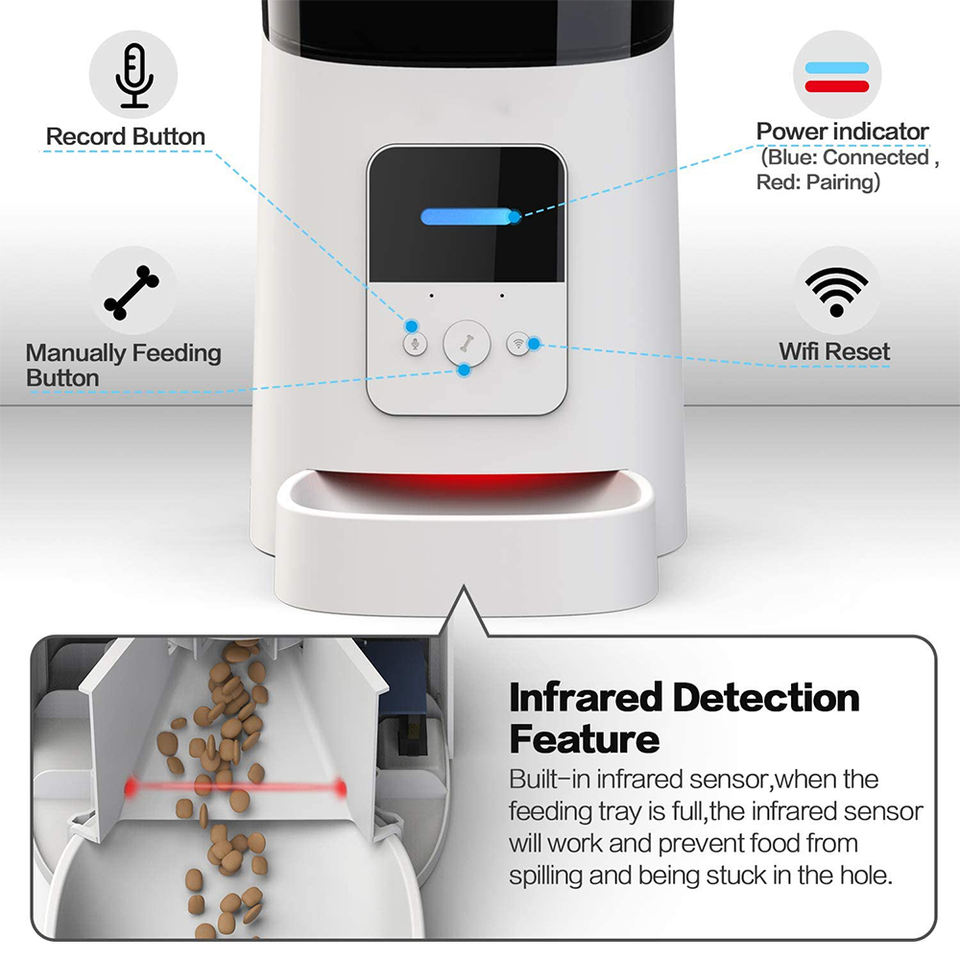 "Pet feeding station with smart features, front view. Automatic meal scheduling and portion control for consistent pet nutrit