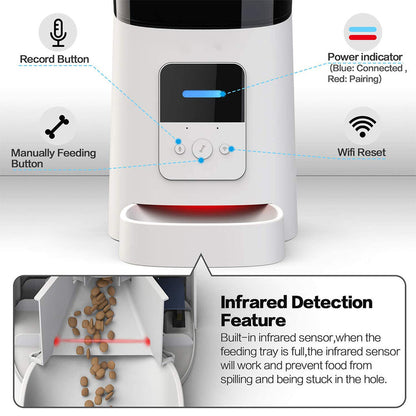 "Pet feeding station with smart features, front view. Automatic meal scheduling and portion control for consistent pet nutrit
