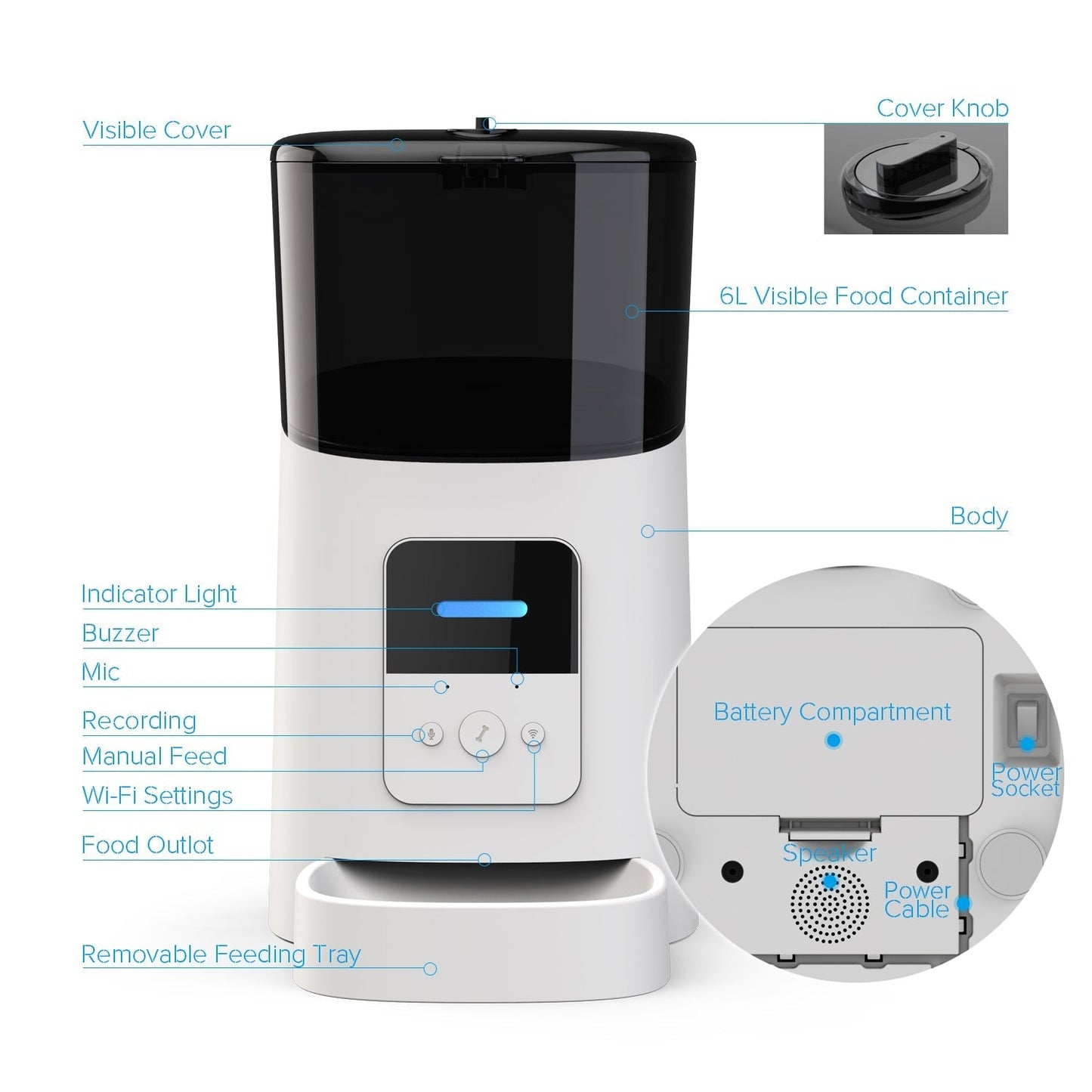"Pet feeding station with smart features, front view. Automatic meal scheduling and portion control for consistent pet nutrit