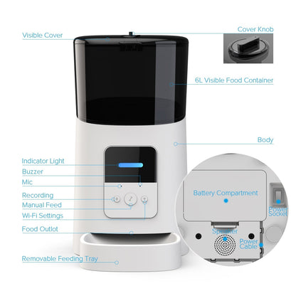"Pet feeding station with smart features, front view. Automatic meal scheduling and portion control for consistent pet nutrit