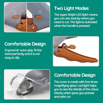 "Pet nail clipper with LED light, stainless steel blade, protective sensor for safe, precise dog and cat nail grooming."