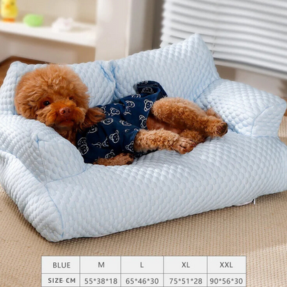 "PetChill Cooling Couch with ice silk fabric, ergonomic pet bed in soft hues, breathable design, perfect for hot days."