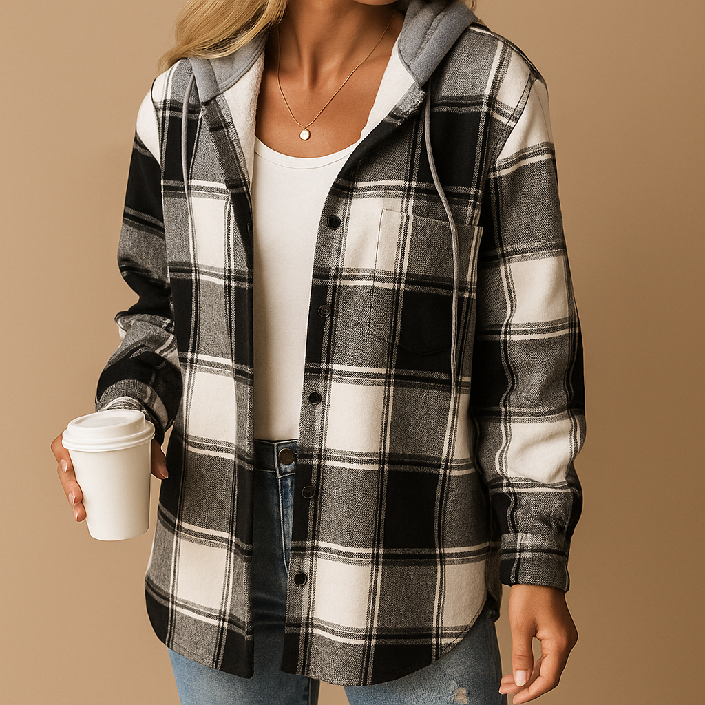 Plaid hooded jacket for women with roomy fit, soft material, and versatile style—perfect for casual wear in spring, fall, and winter.