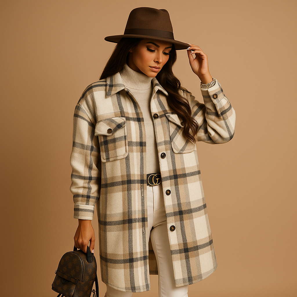 Classic Red Checked Winter Coat for Women - Luxivelle