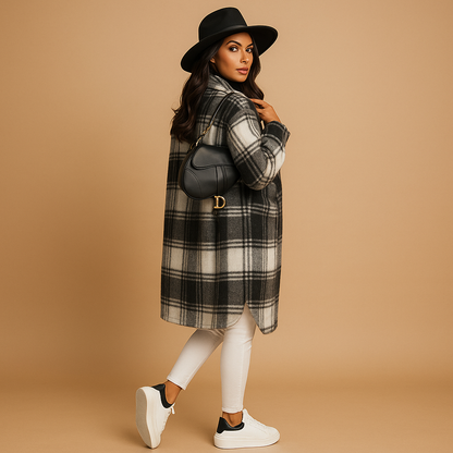 Women’s long plaid wool-look coat in brown, khaki, and green with button closure and tailored fit, ideal for fall and winter elegance