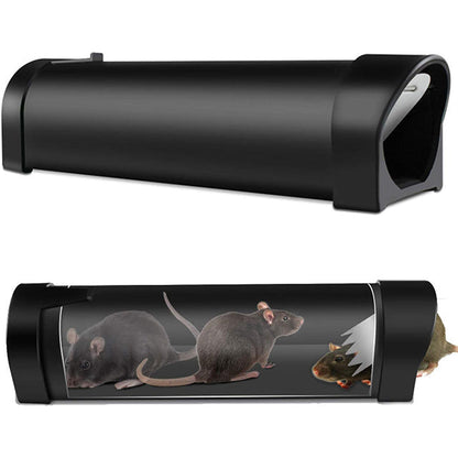 "Plastic rat trap cage with bionic design, sleek black finish, humane no-kill, efficient pest control, easy to use and clean.