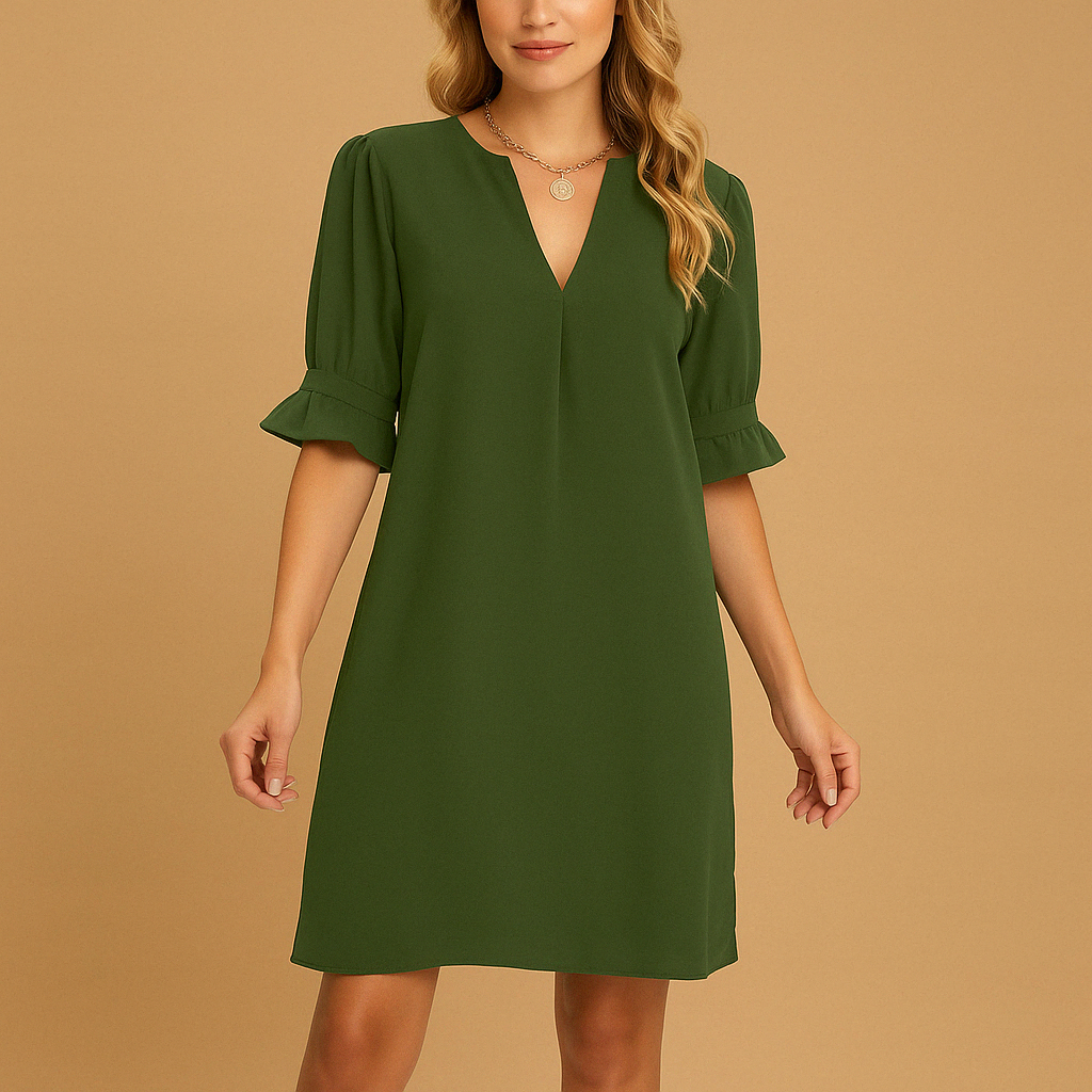 Elegant pleated midi dress for women with half sleeves and flowy fit, perfect for work, daily wear, and semi-formal events in timeless colors.