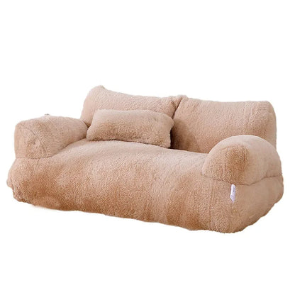 "Plush dog sofa bed in beige, features raised edges for security, soft cushioning for comfort, available in versatile sizes."