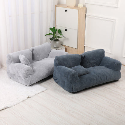 "Plush dog sofa bed in beige, features raised edges for security, soft cushioning for comfort, available in versatile sizes."
