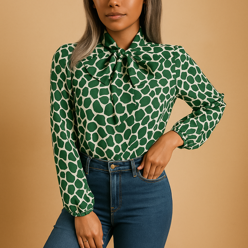 Women's Spotted Blouse with Ribbon Accent - Luxivelle