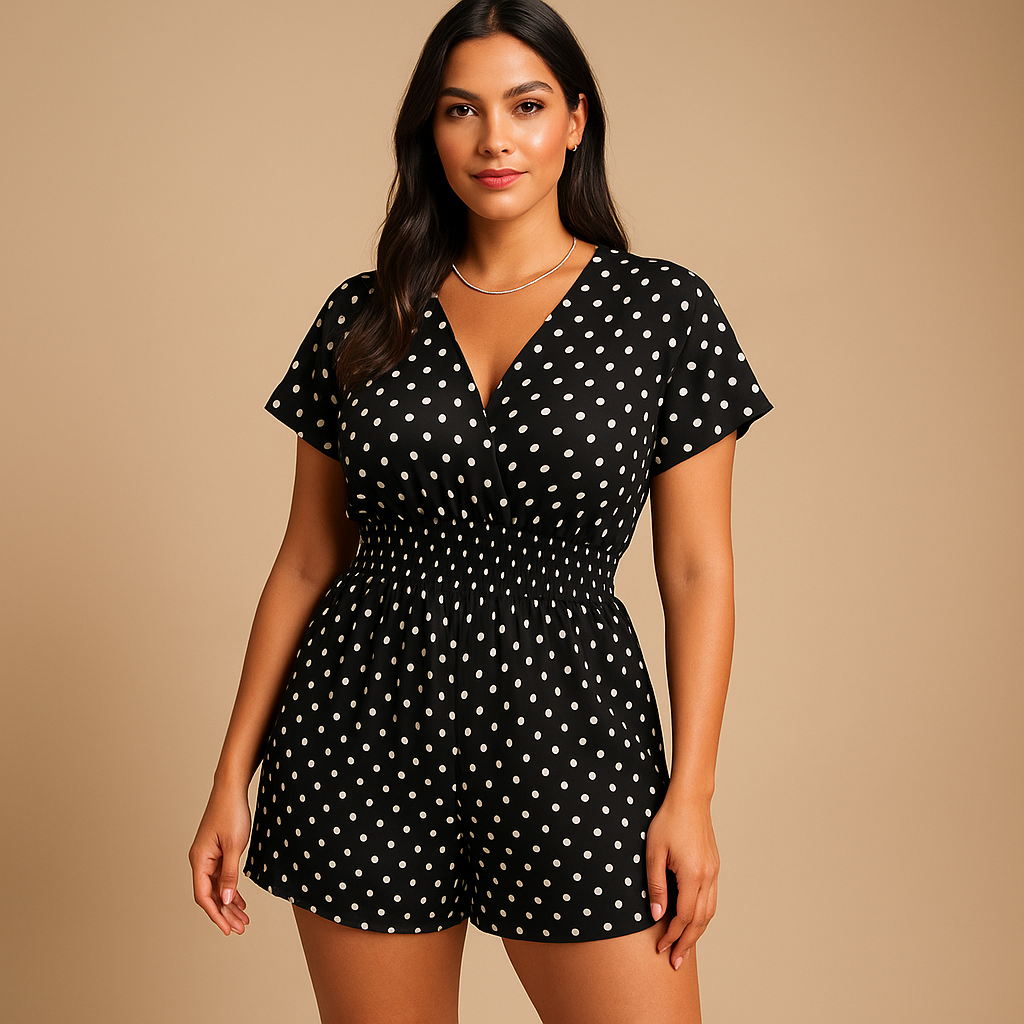 Polkadot summer jumpsuit for women in breathable fabric with pockets, perfect for casual summer outings, relaxed dinners, and everyday elegance.