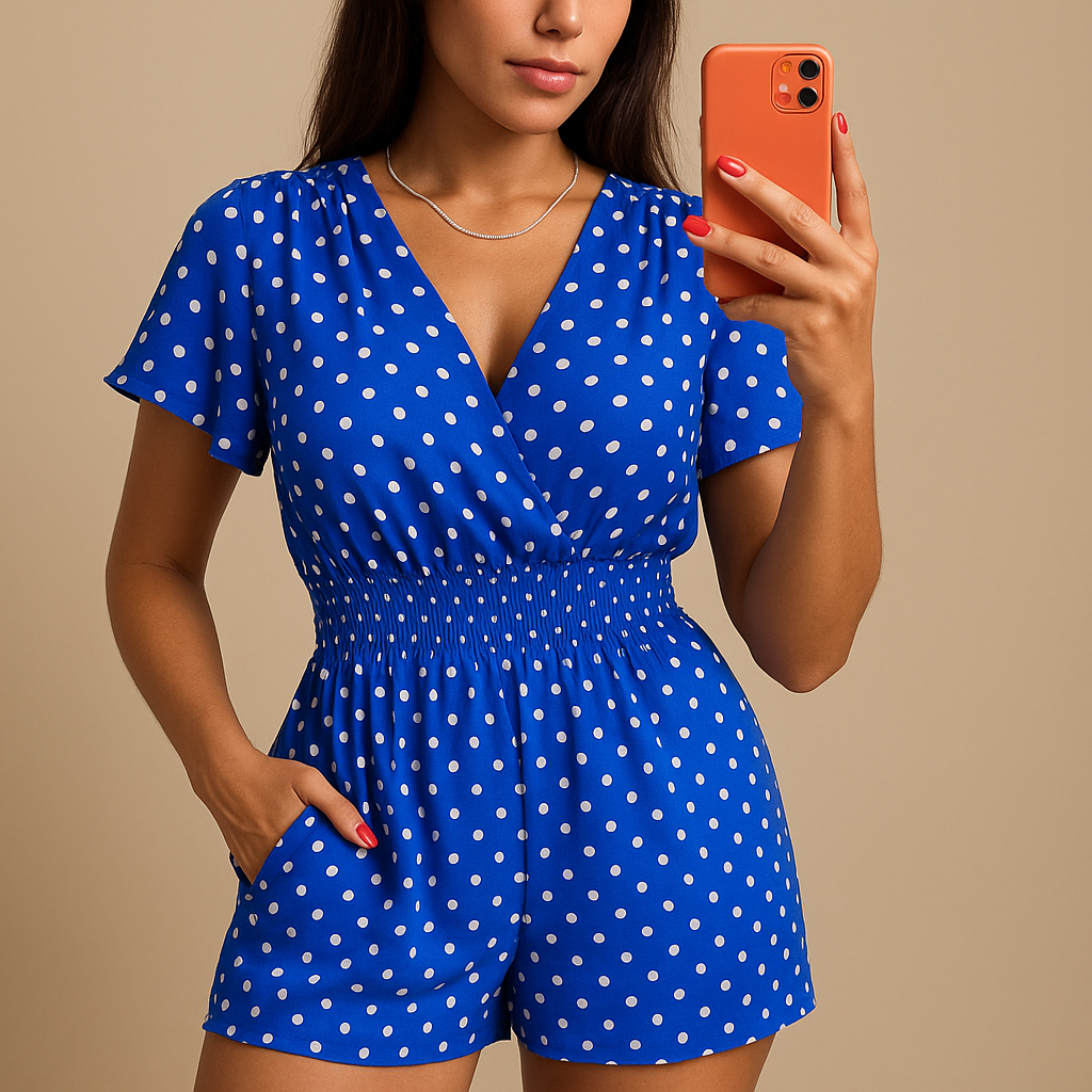 Polkadot summer jumpsuit for women in breathable fabric with pockets, perfect for casual summer outings, relaxed dinners, and everyday elegance.