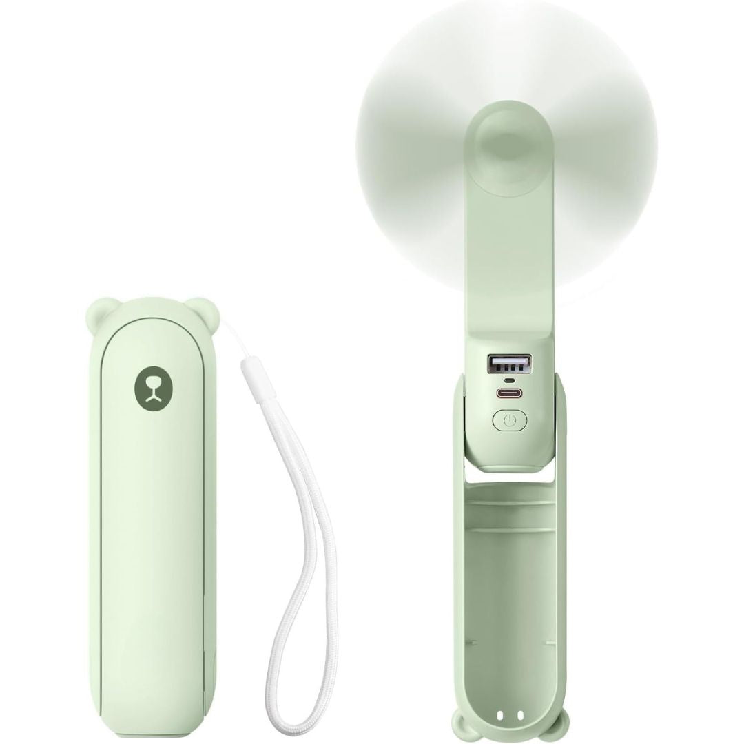 "Portable 3-in-1 mini fan with flashlight, power bank; sleek compact design, ideal for travel, outdoor activities."