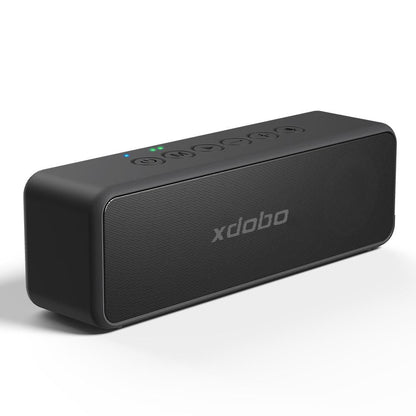 "Portable black waterproof 30W Bluetooth speaker with 4000mAh battery, dual drivers, compact for outdoor use."