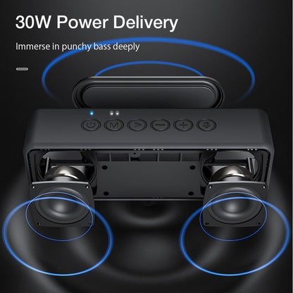 "Portable black waterproof 30W Bluetooth speaker with 4000mAh battery, dual drivers, compact for outdoor use."