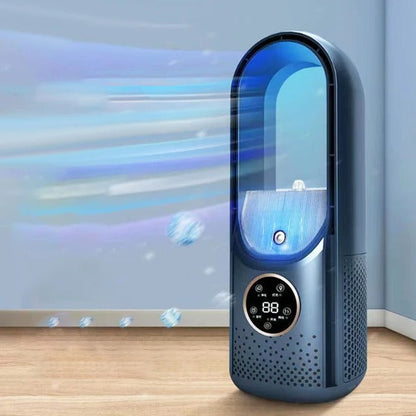 Portable blade-free silent air conditioner, blue and white, compact design, USB powered, cools rooms up to 20 m² quietly.
