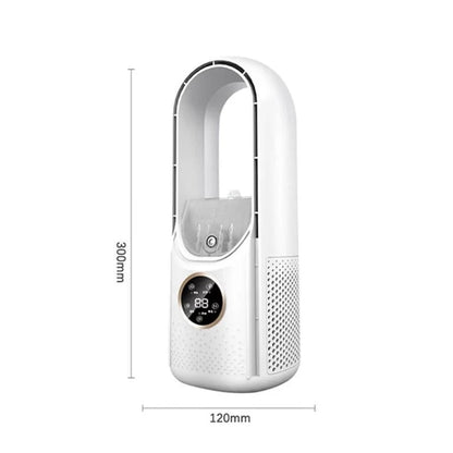 Portable blade-free silent air conditioner, blue and white, compact design, USB powered, cools rooms up to 20 m² quietly.