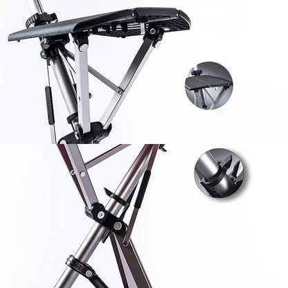 "Portable folding walking cane with seat, lightweight aluminum frame, tripod base, ergonomic handle for stability and comfort