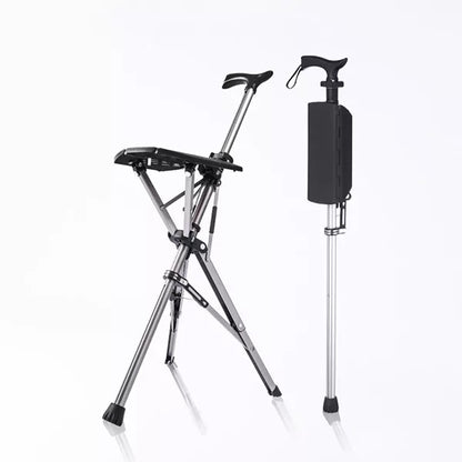 "Portable folding walking cane with seat, lightweight aluminum frame, tripod base, ergonomic handle for stability and comfort