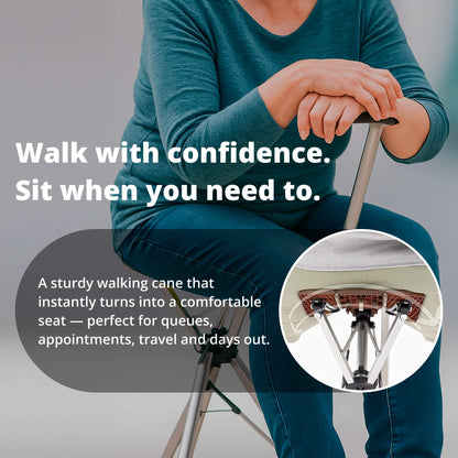 "Portable folding walking cane with seat, lightweight aluminum frame, tripod base, ergonomic handle for stability and comfort