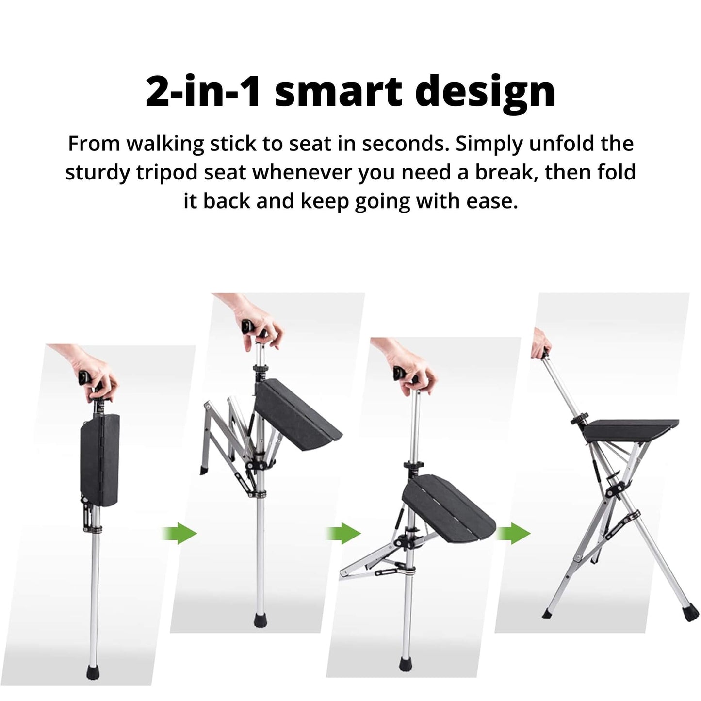 "Portable folding walking cane with seat, lightweight aluminum frame, tripod base, ergonomic handle for stability and comfort