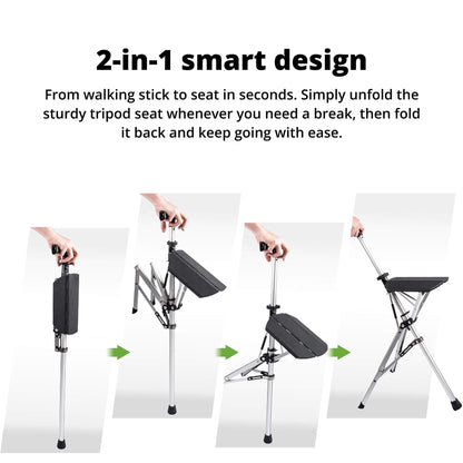 "Portable folding walking cane with seat, lightweight aluminum frame, tripod base, ergonomic handle for stability and comfort