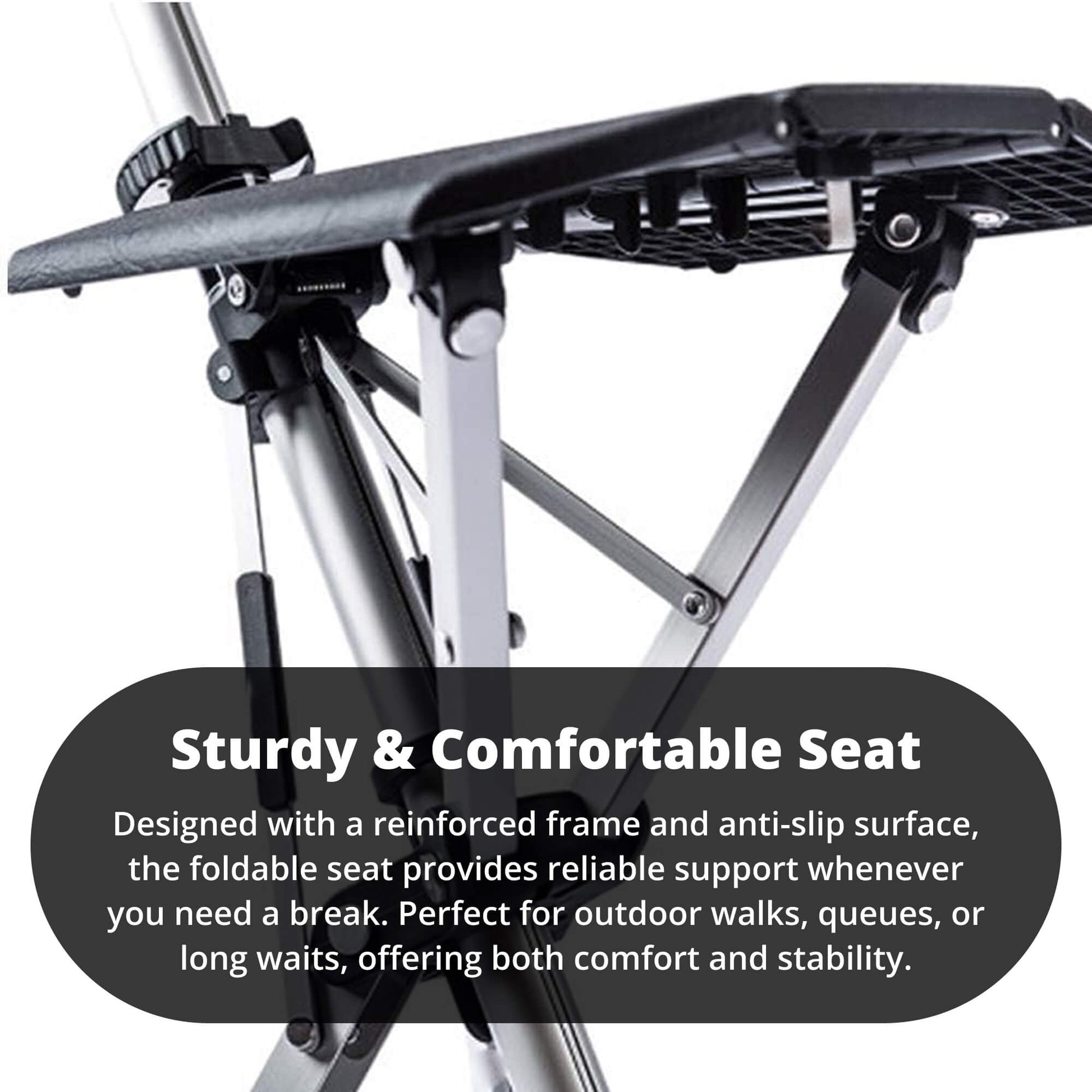 "Portable folding walking cane with seat, lightweight aluminum frame, tripod base, ergonomic handle for stability and comfort