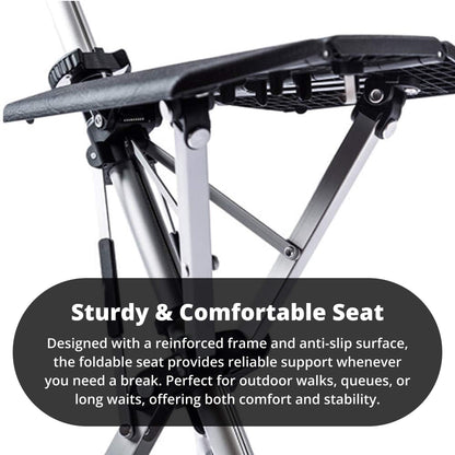 "Portable folding walking cane with seat, lightweight aluminum frame, tripod base, ergonomic handle for stability and comfort