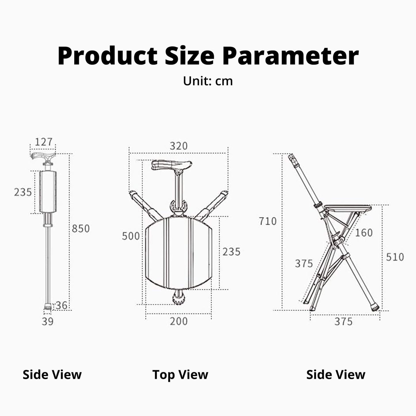 "Portable folding walking cane with seat, lightweight aluminum frame, tripod base, ergonomic handle for stability and comfort