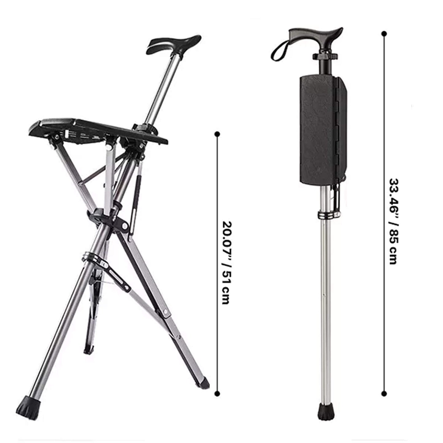 "Portable folding walking cane with seat, lightweight aluminum frame, tripod base, ergonomic handle for stability and comfort