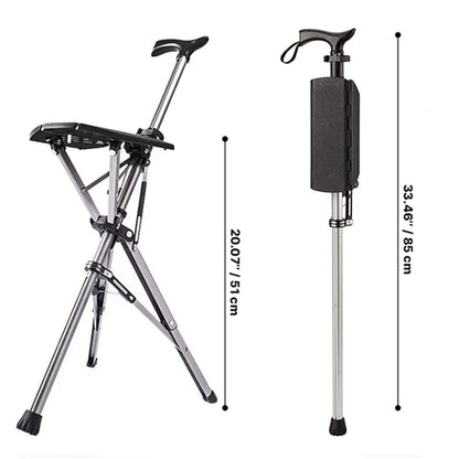 "Portable folding walking cane with seat, lightweight aluminum frame, tripod base, ergonomic handle for stability and comfort